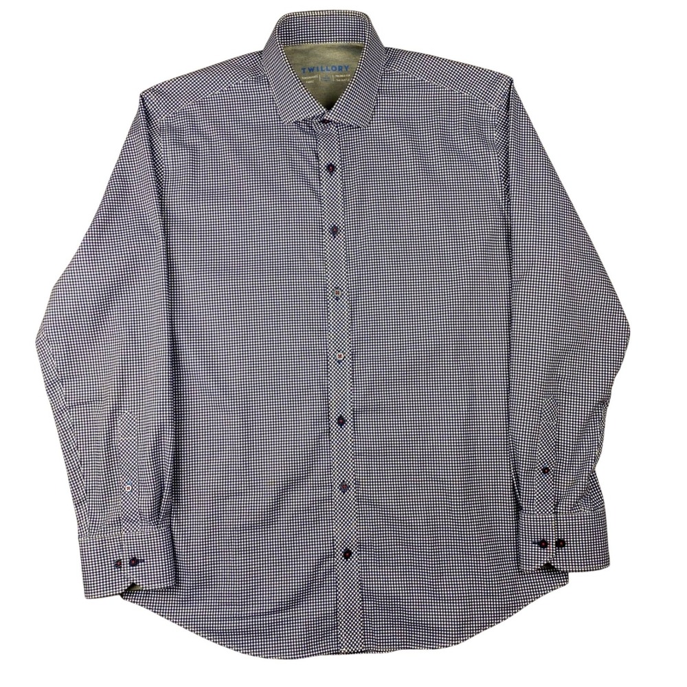 Twillory Mens Dress Shirt 17 34-35 Blue Gingham Performance Trim Fit Button Down